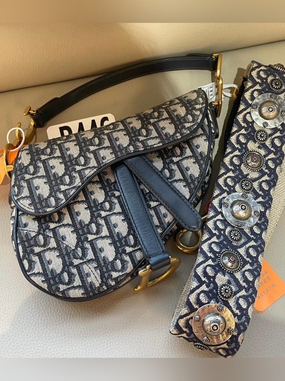 49-26 Preloved Christian Dior Mini Saddle in Navy & Beige Monogram